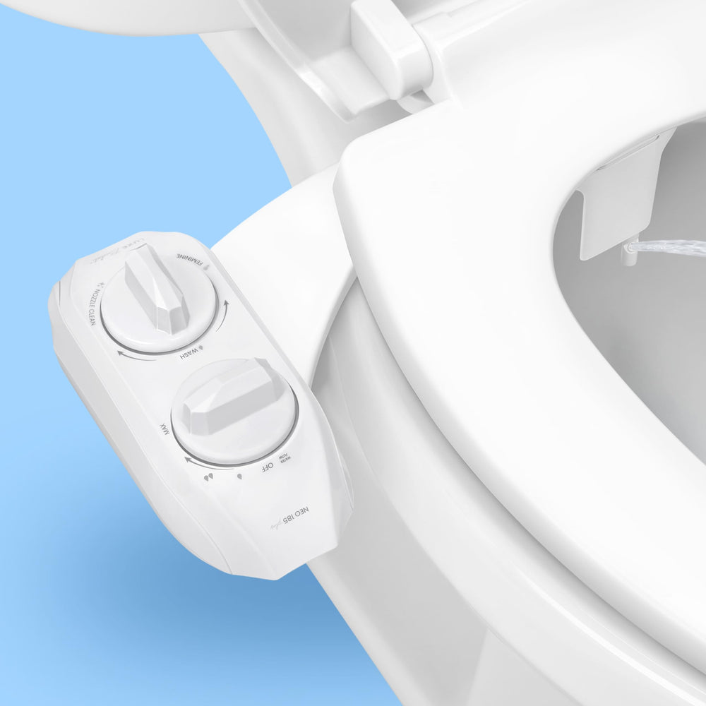 LUXE Bidet NEO 185 PLUS front view showing compact profile and easy-clean design benefit