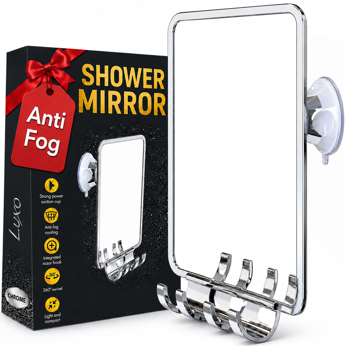 Luxo chrome front view showing clear fogless mirror for precise shaving