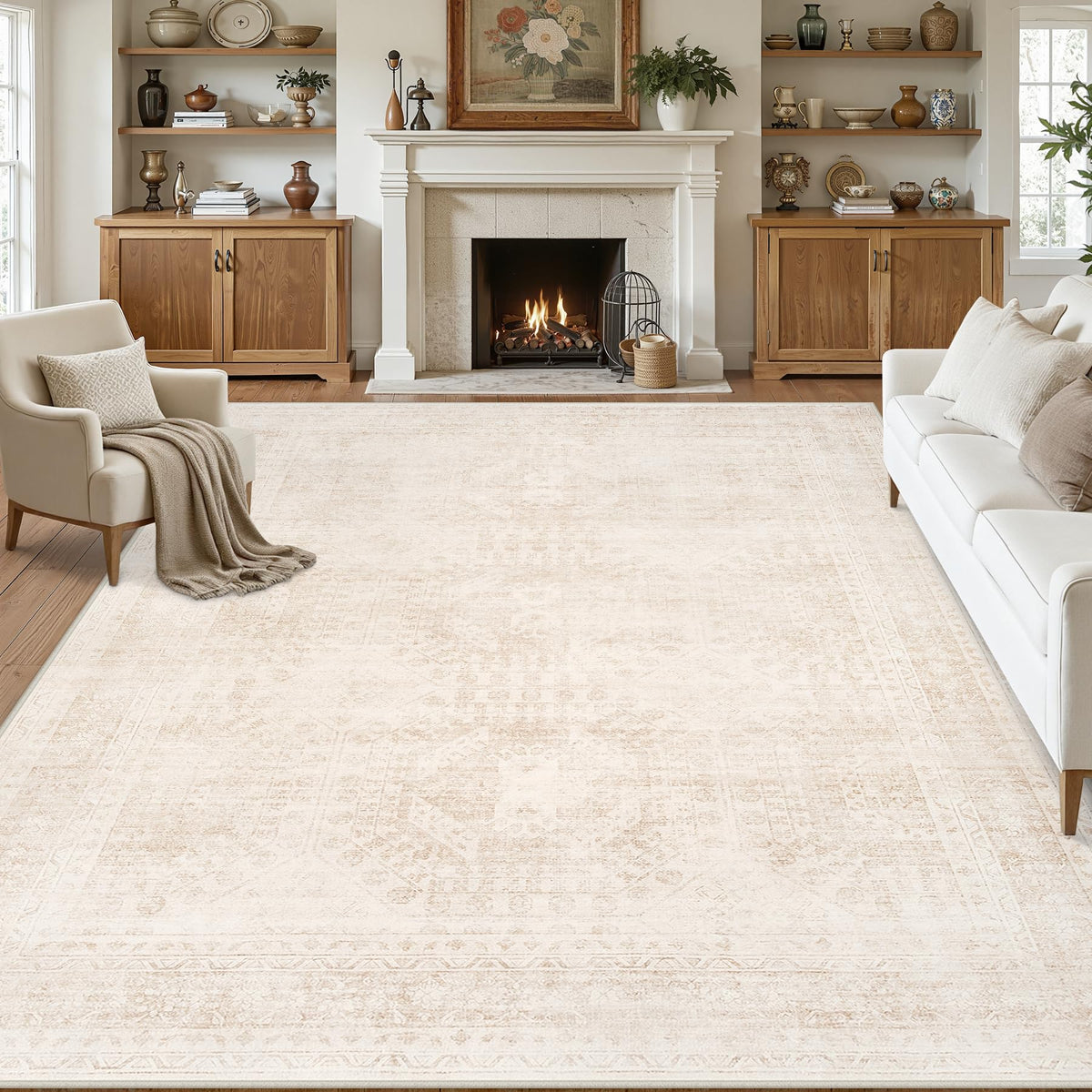 Luxturiy front view of 8x10 beige rug showing vintage look and versatile anchor
