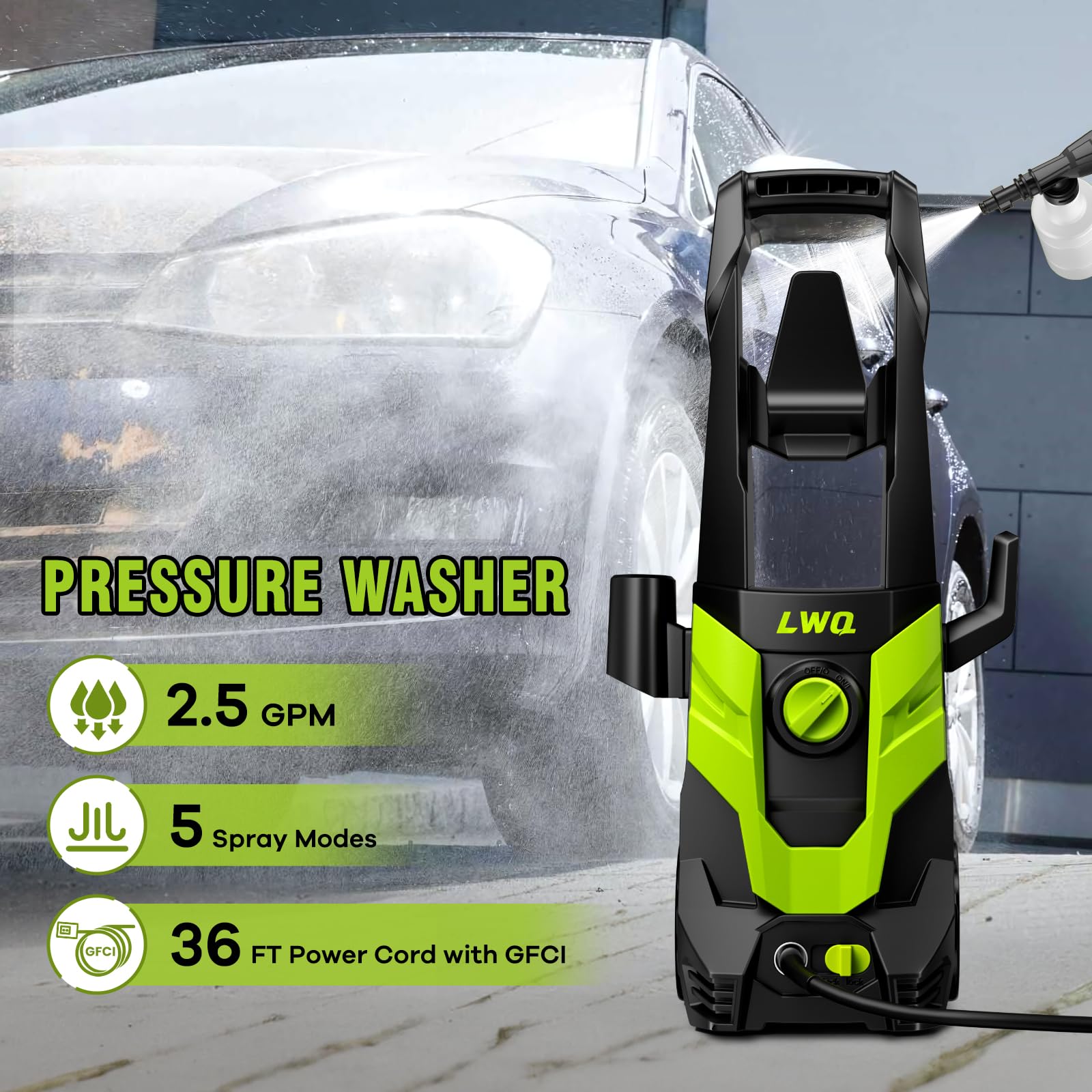 LWQ pressure washer nozzle connection close-up showing quick-connect metal nozzles for fast swaps