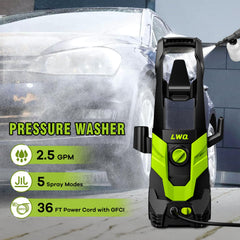 LWQ pressure washer nozzle connection close-up showing quick-connect metal nozzles for fast swaps