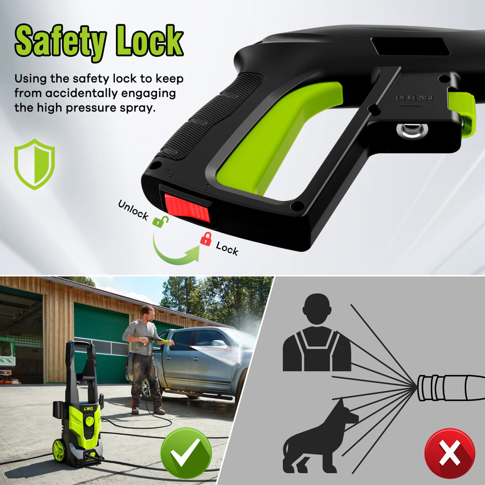 LWQ pressure washer detergent bottle and label showing safe soap application without pump contact