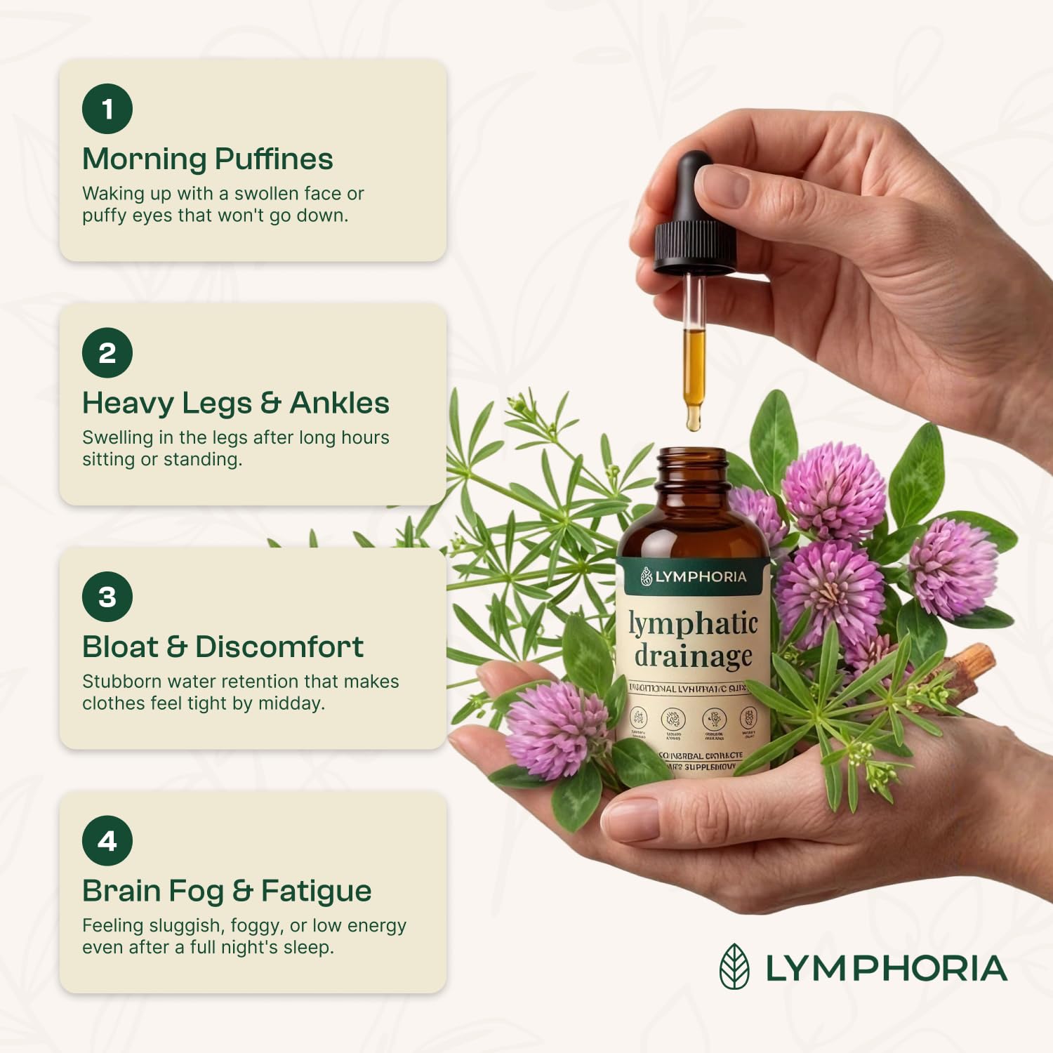 LYMPHORIA bottle held in hand to show 2 fl oz scale