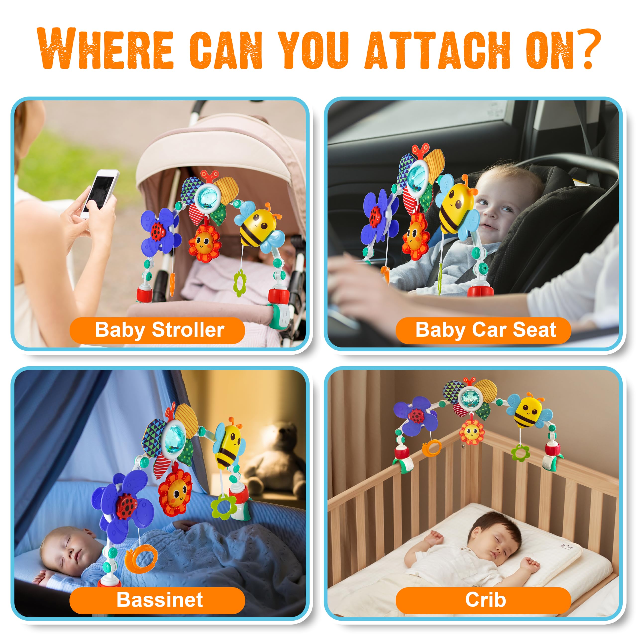 Lynncare arch clipped to stroller offering secure, travel entertainment