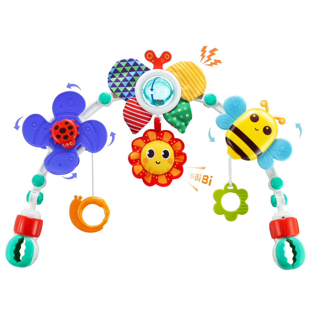 Lynncare front view of arch showing colorful hanging toys and engagement