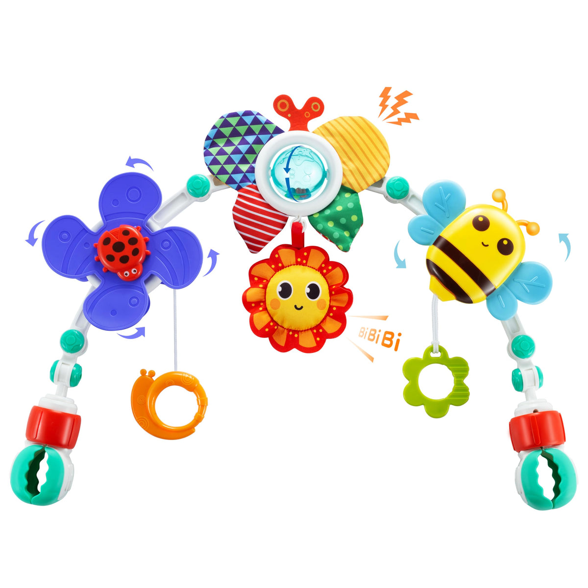 Lynncare front view of arch showing colorful hanging toys and engagement