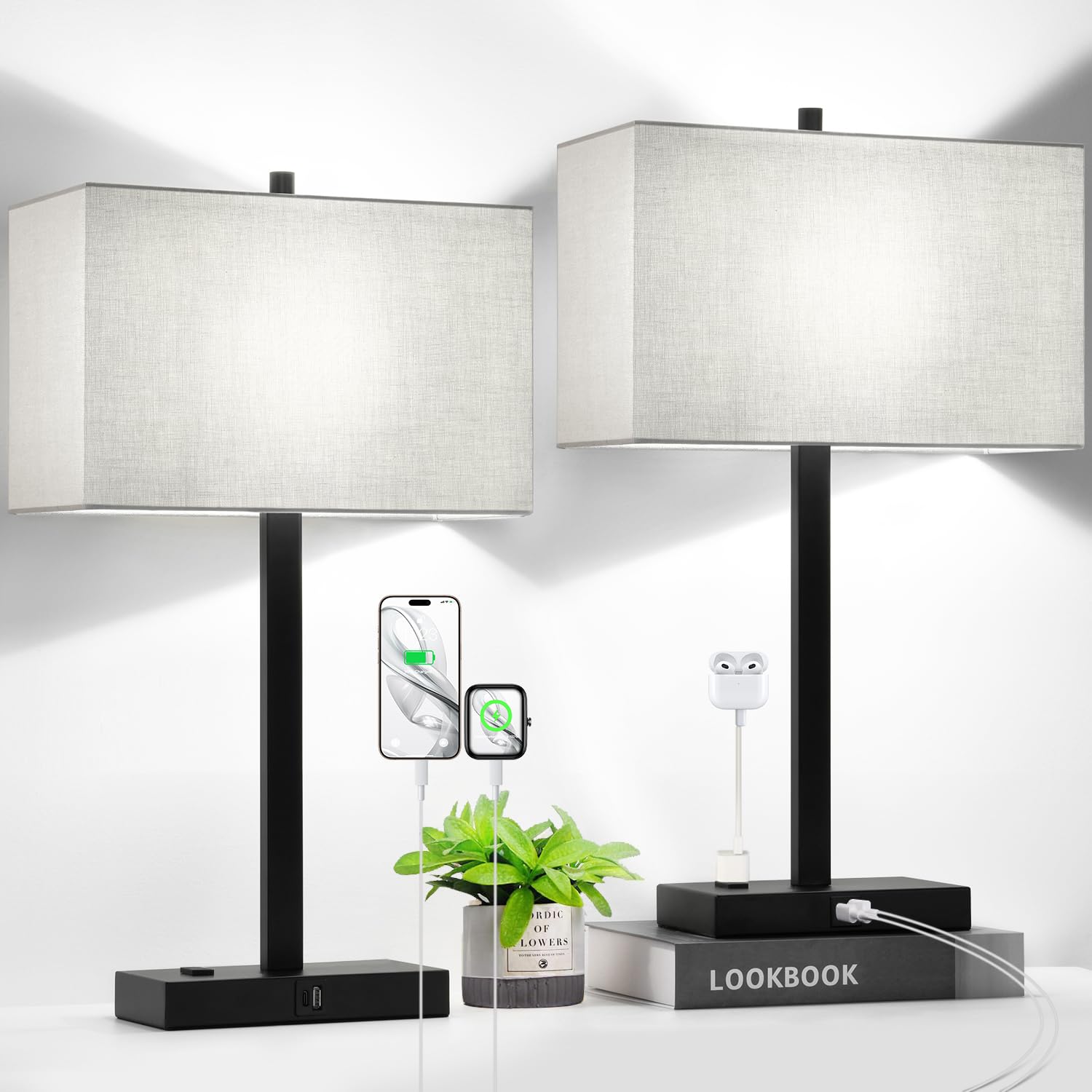 Lynnoland front view of two gray linen bedside lamps showing coordinated style and functionality