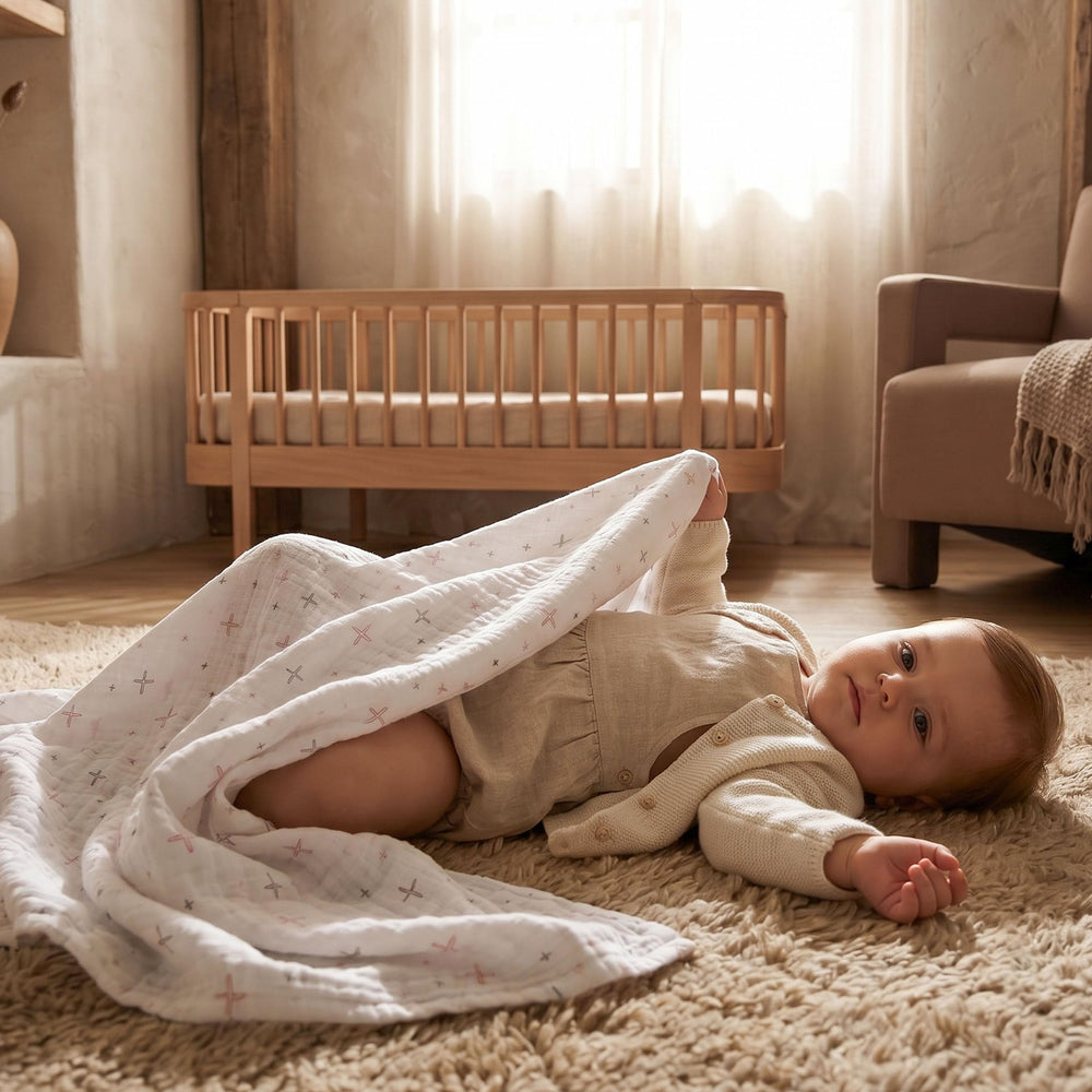 LYRICHOM BABY flat lay blanket measuring 38 by 40 inches for swaddling