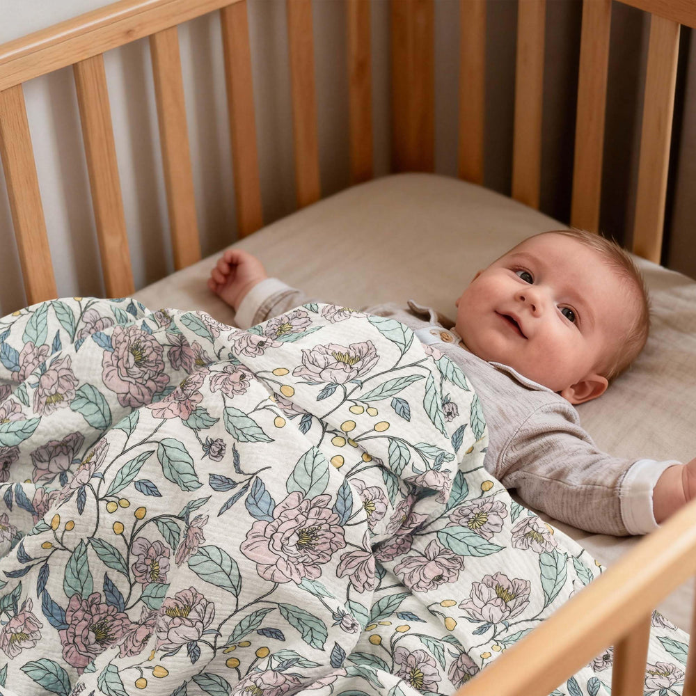 LYRICHOM BABY blanket draped over stroller offering shade and airflow on outings