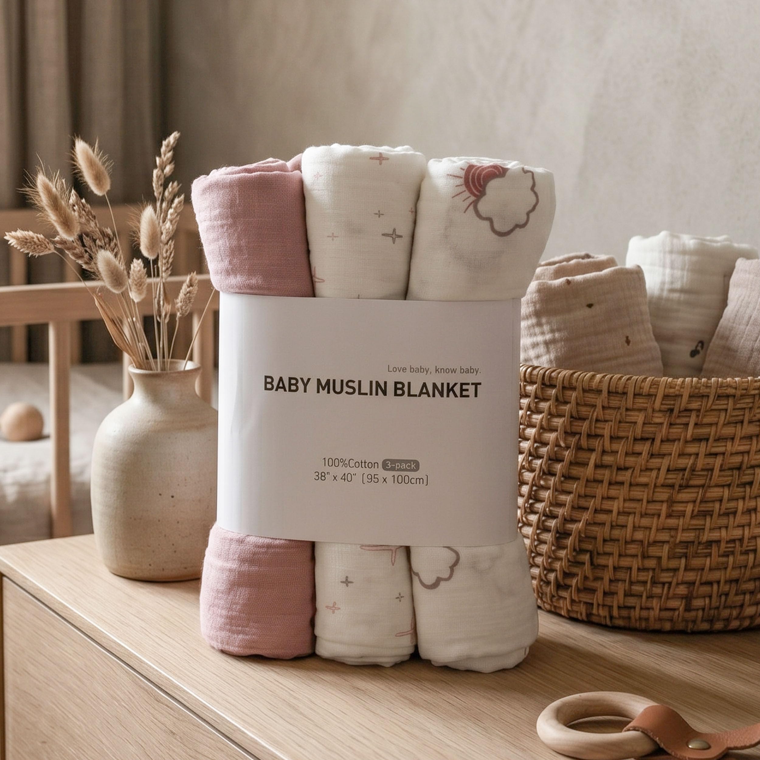 LYRICHOM BABY blankets styled in nursery to show neutral unisex prints