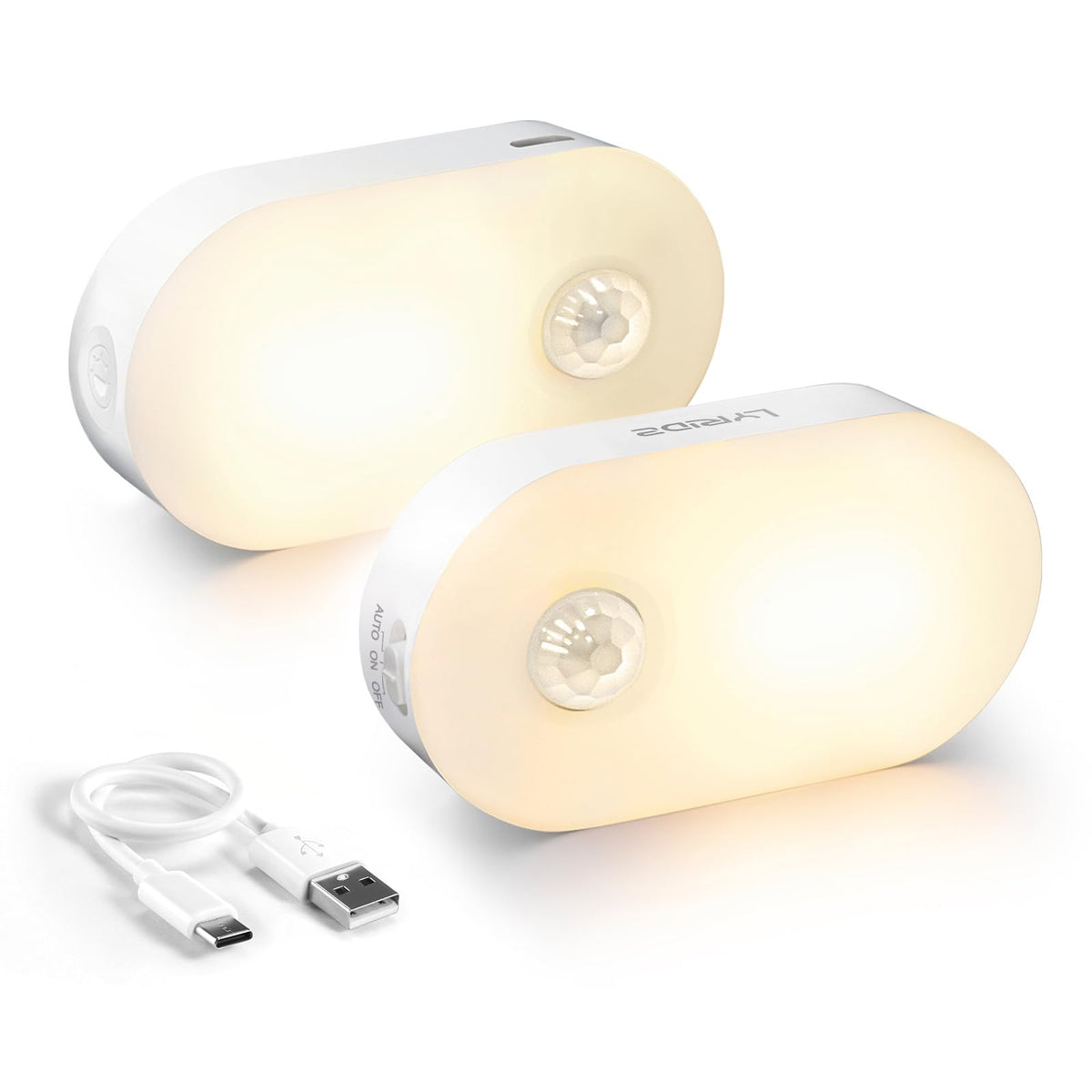 Lyridz front view of two-pack showing compact warm white lighting benefit