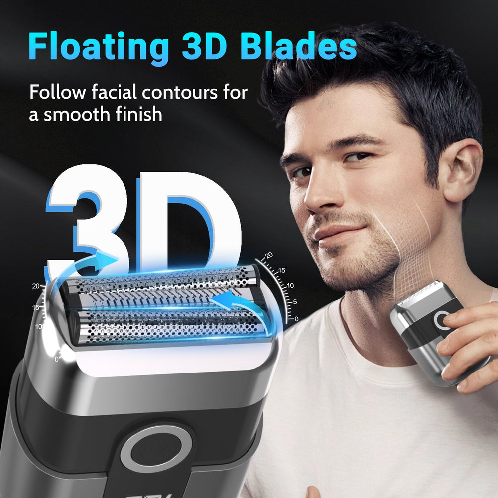 LYRSLF closeup of foil blades and long beard trimmer showing precise blade geometry for smooth shaves