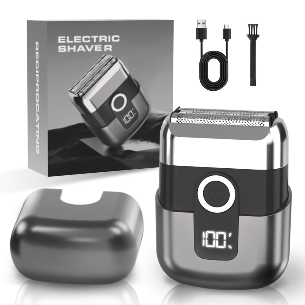 LYRSLF front view of mini foil shaver showing ergonomic body and power button for easy control