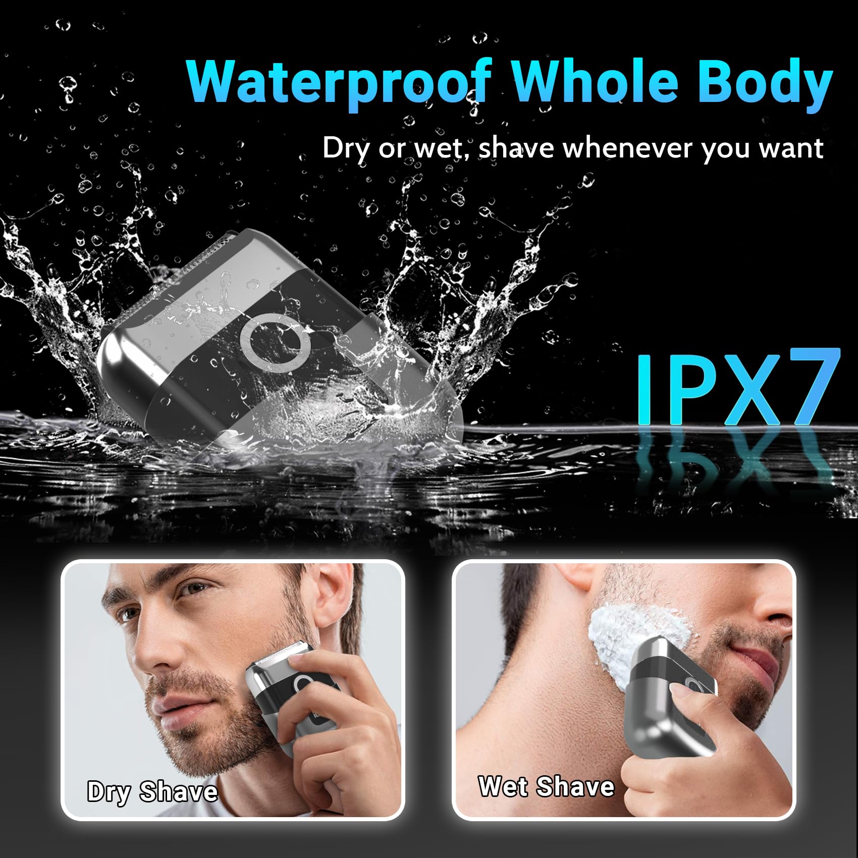 LYRSLF being used in the shower illustrating IPX7 waterproof design and wet shaving convenience