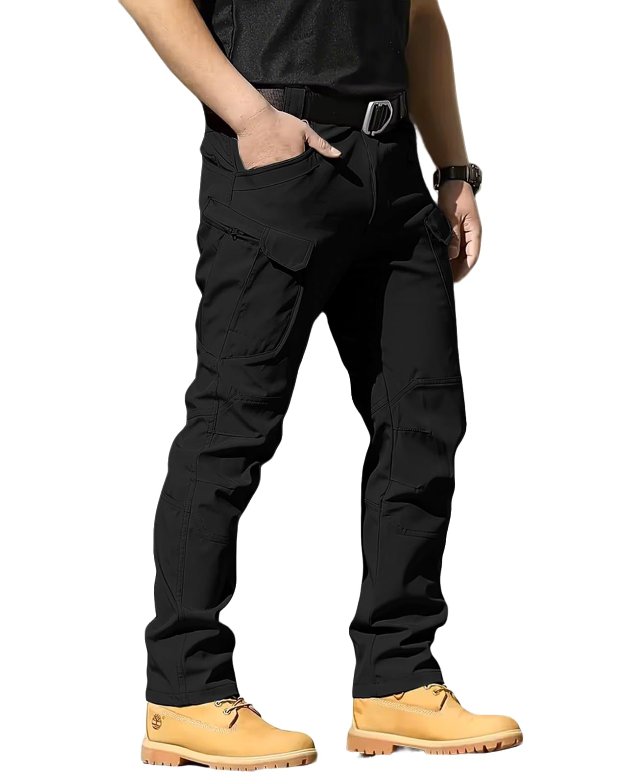 LYRXXX front view of black tactical pants showing fit and pockets for versatile wear