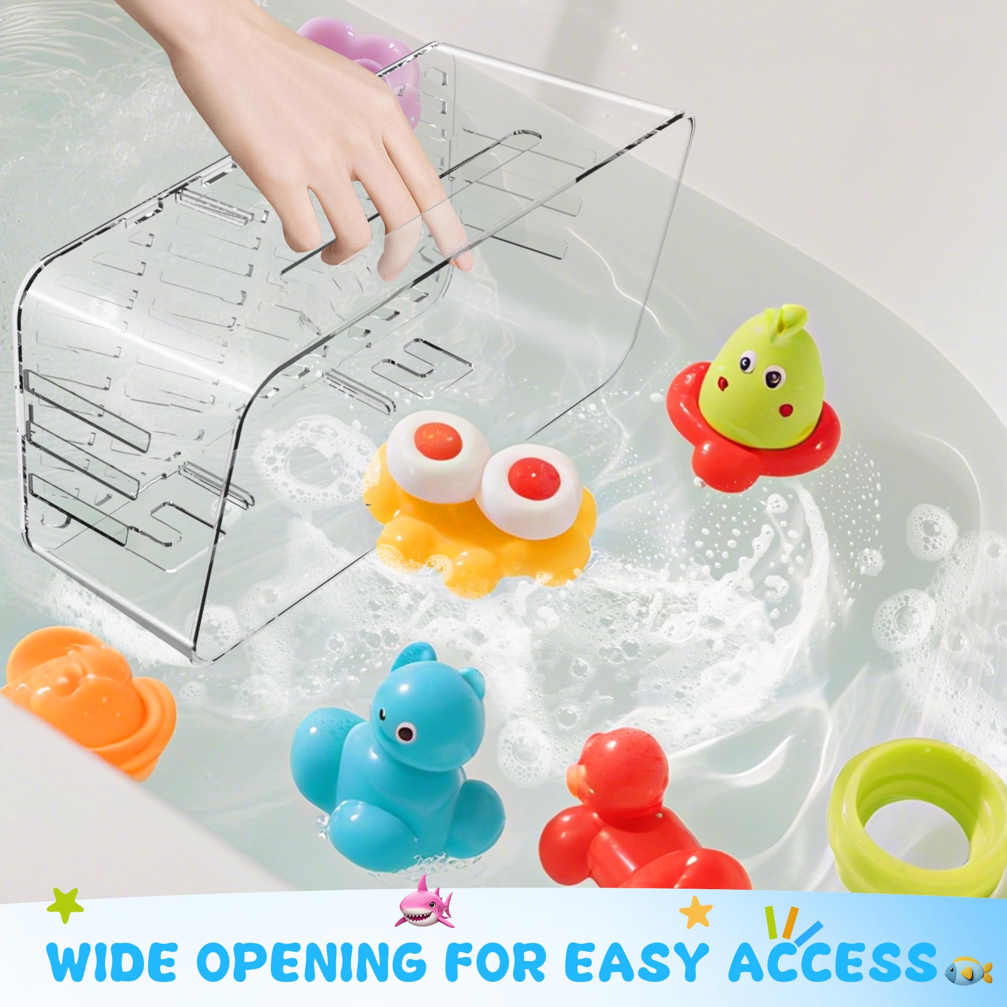 Lysam lifestyle scene in family bathroom promoting clutter-free tub organization