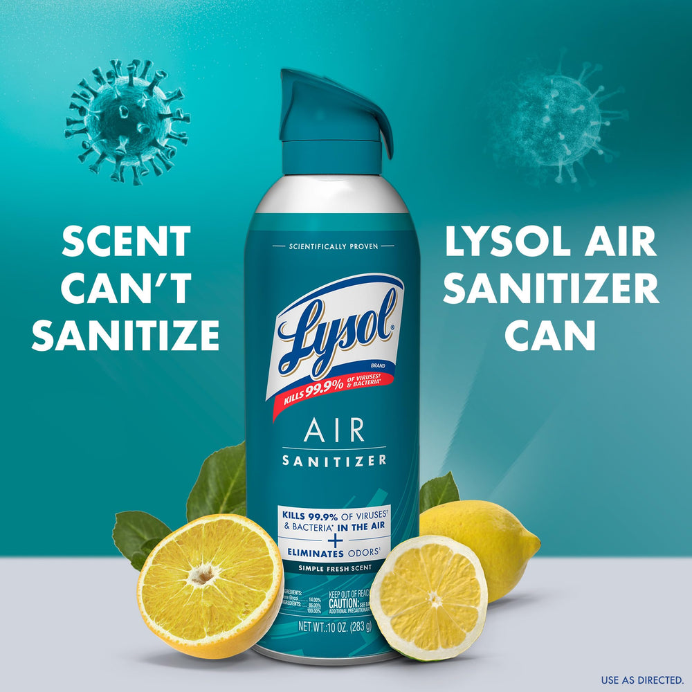 Three‑pack of Lysol air sanitizer bottles indicating value and convenience