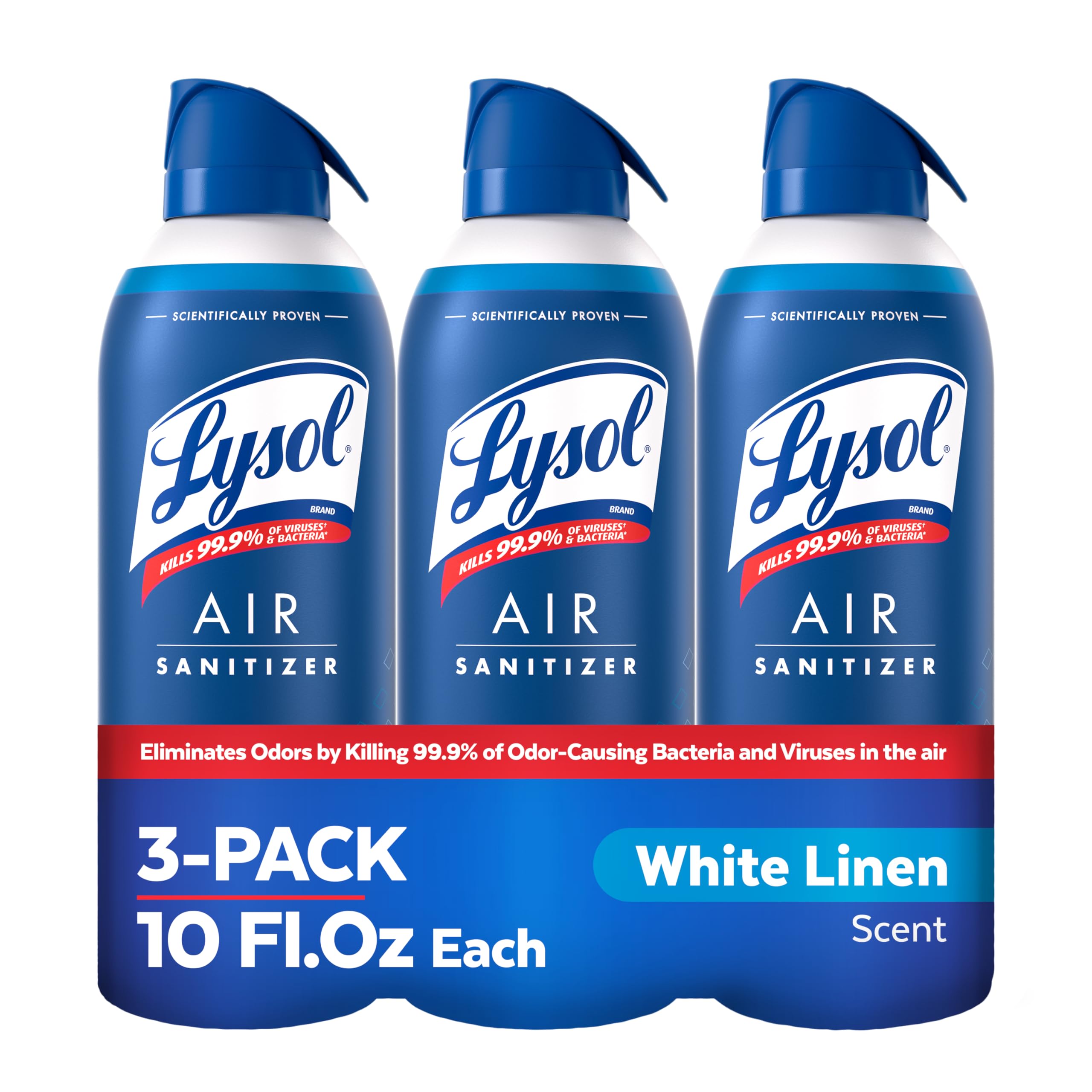 Lysol front can showing White Linen label and clean scent benefit
