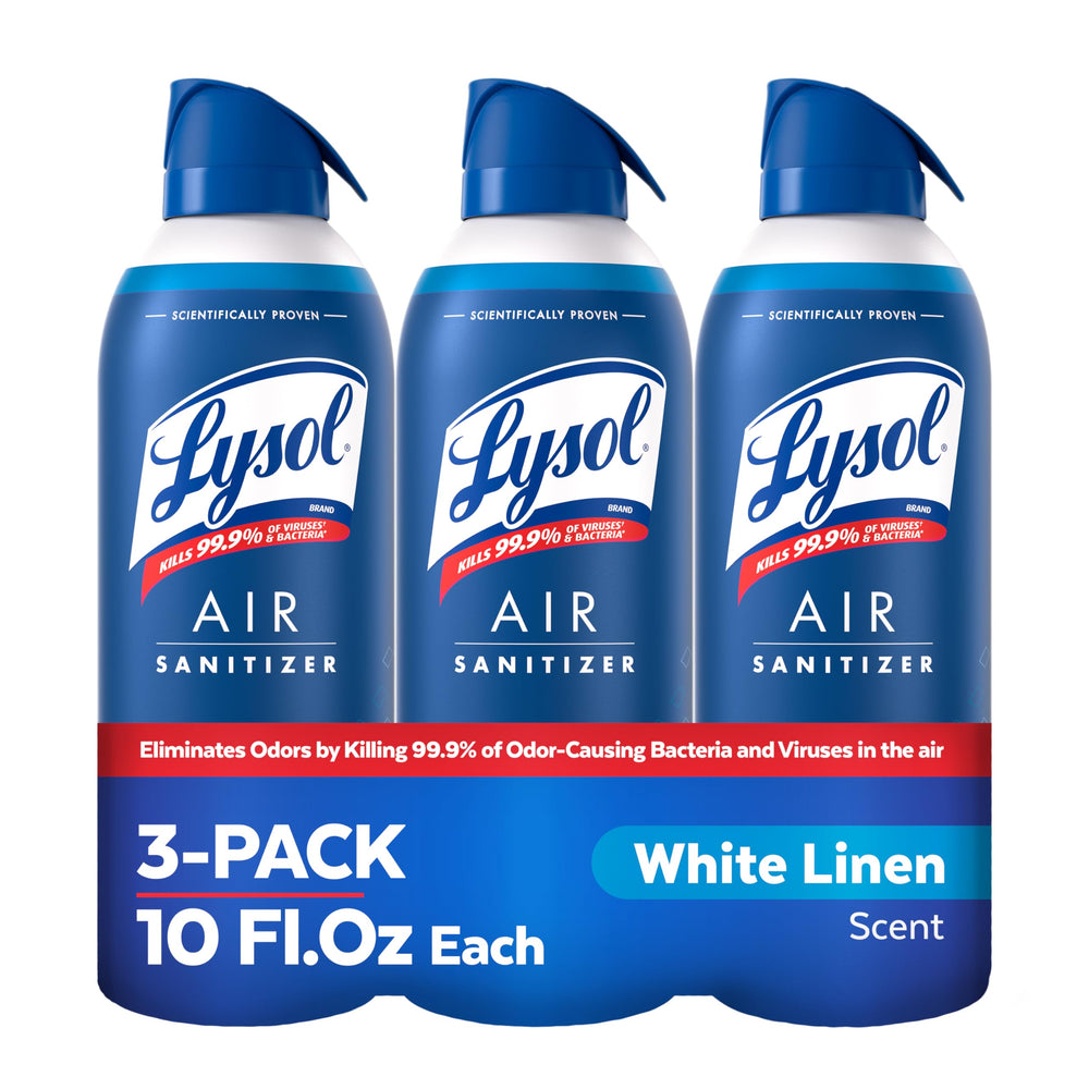 Lysol front can showing White Linen label and clean scent benefit