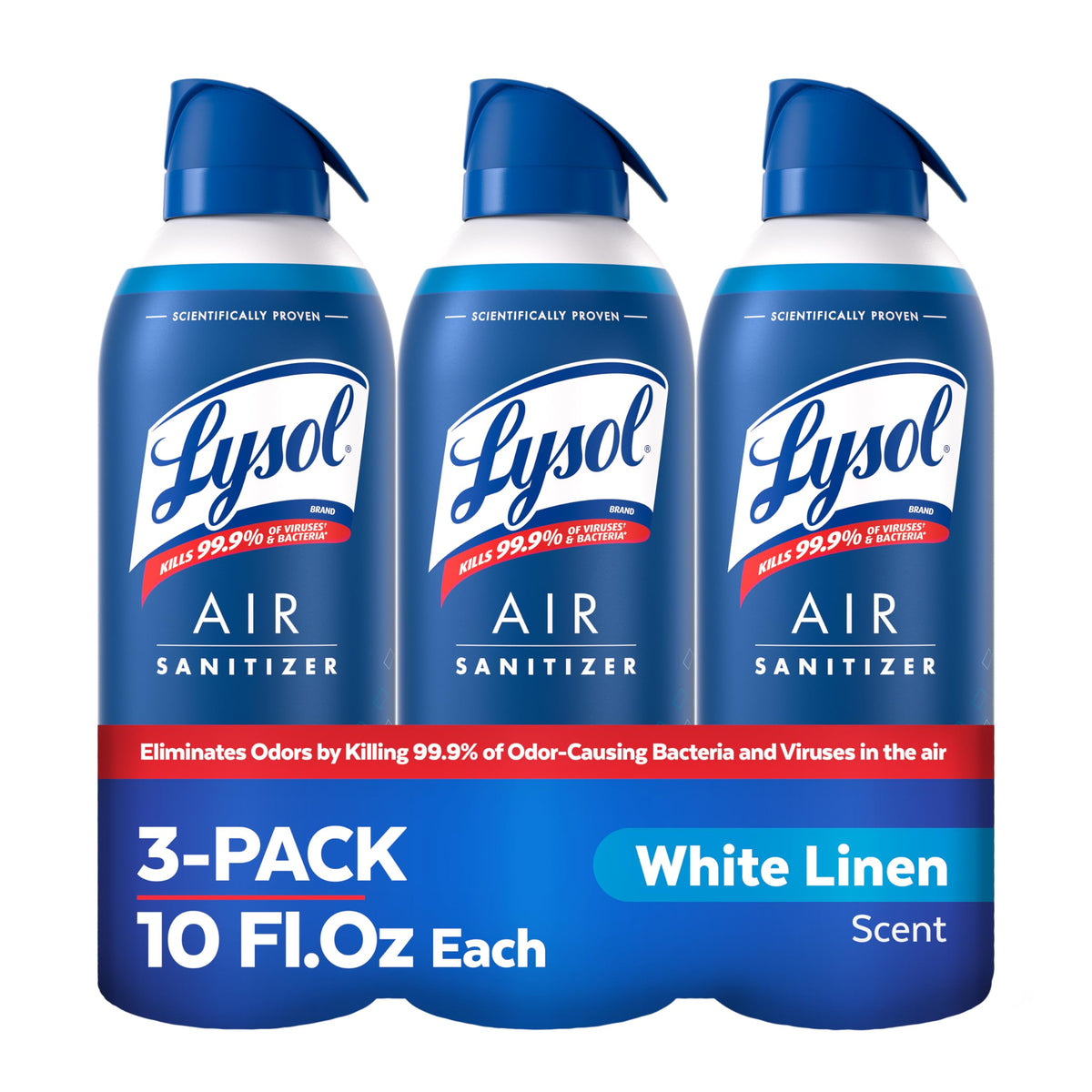 Lysol front can showing White Linen label and clean scent benefit