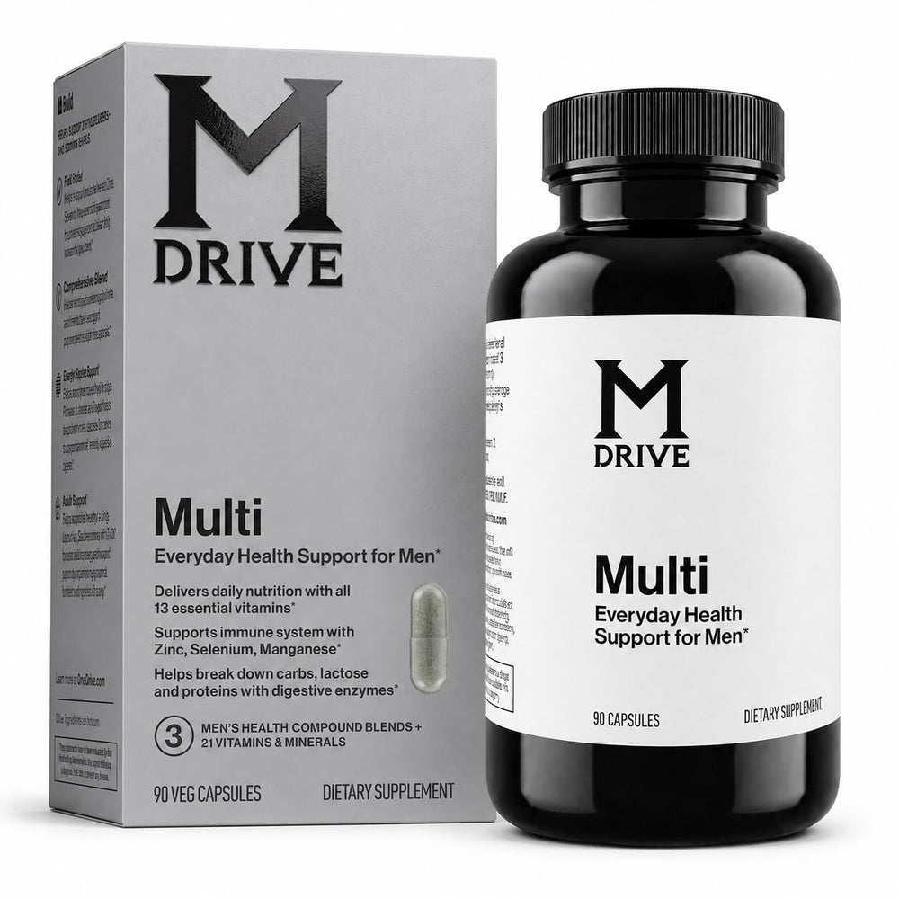 M Drive bottle front view showing product and easy daily use benefit