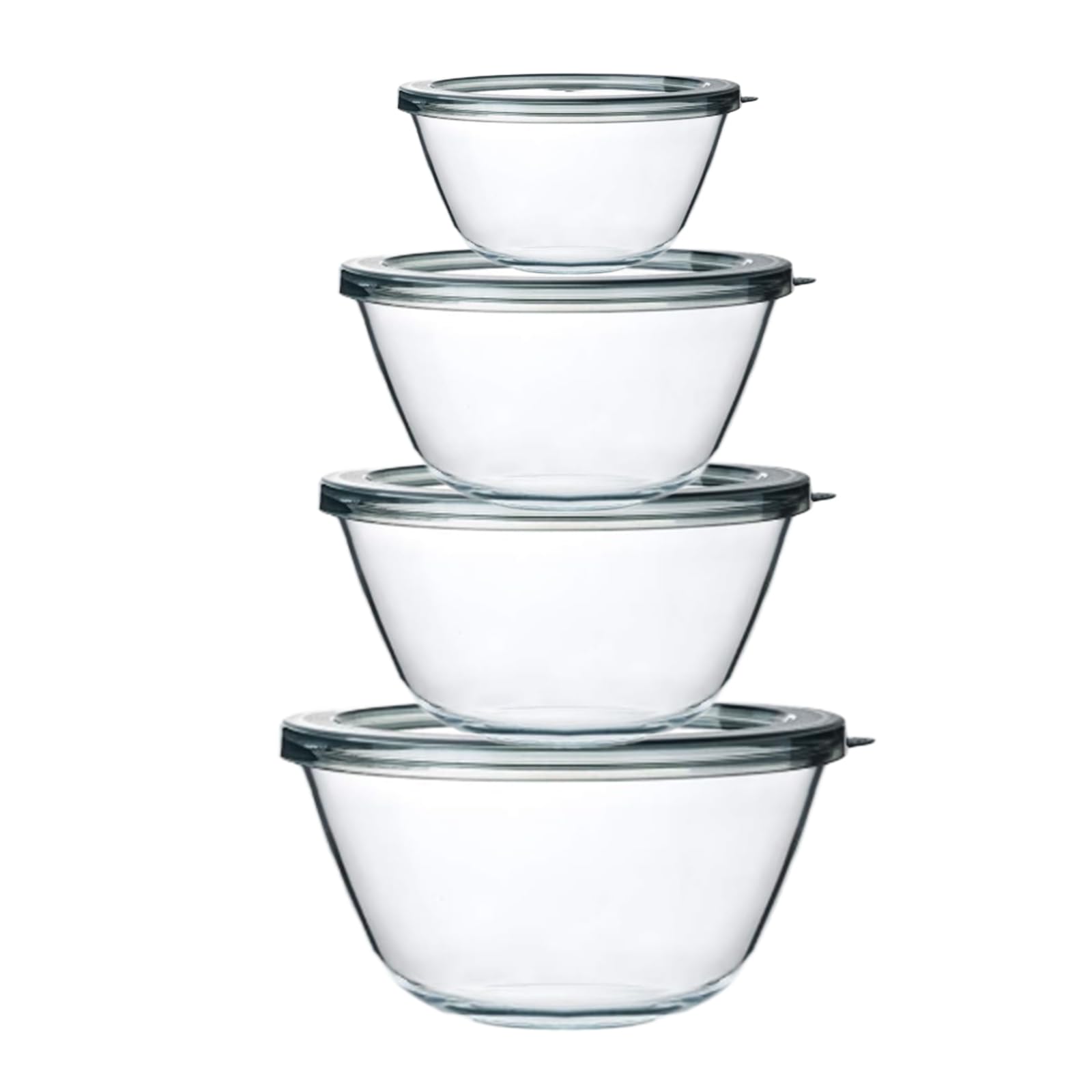 M MCIRCO front view of four glass bowls and lids showing complete set and storage benefit