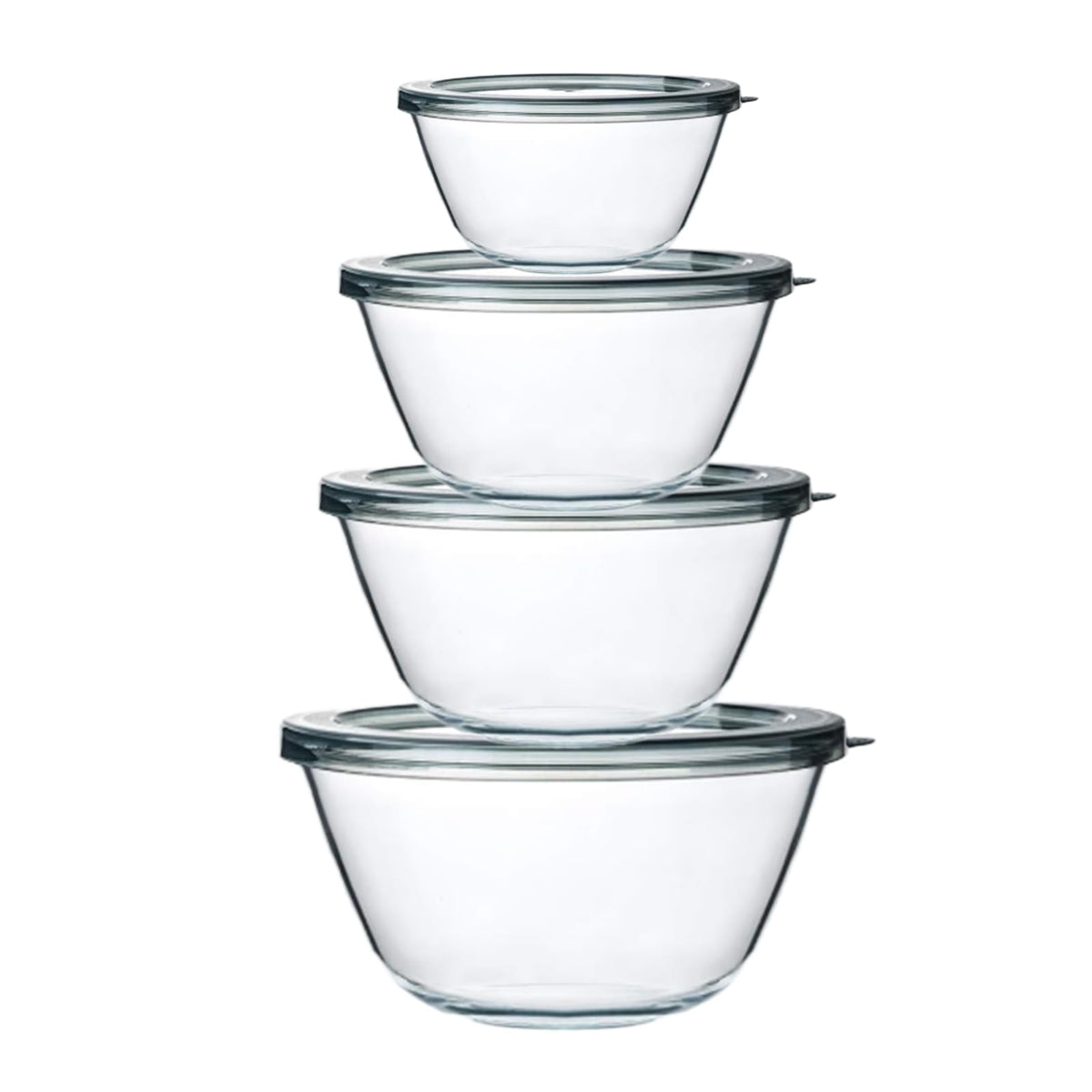 M MCIRCO front view of four glass bowls and lids showing complete set and storage benefit
