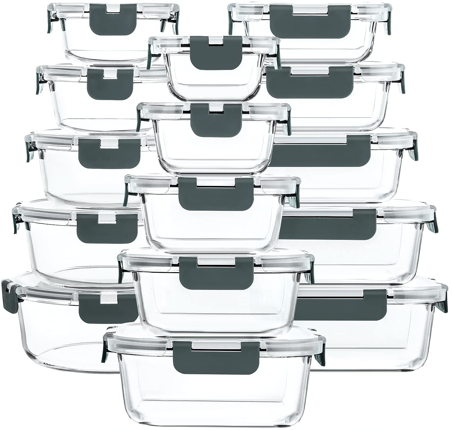 M MCIRCO front view of the 30-piece glass set showing organized containers and lids for kitchen storage