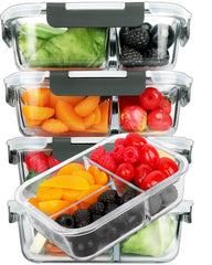 M MCIRCO front pack of five glass meal prep containers showing tidy stack and lids, promotes organized storage