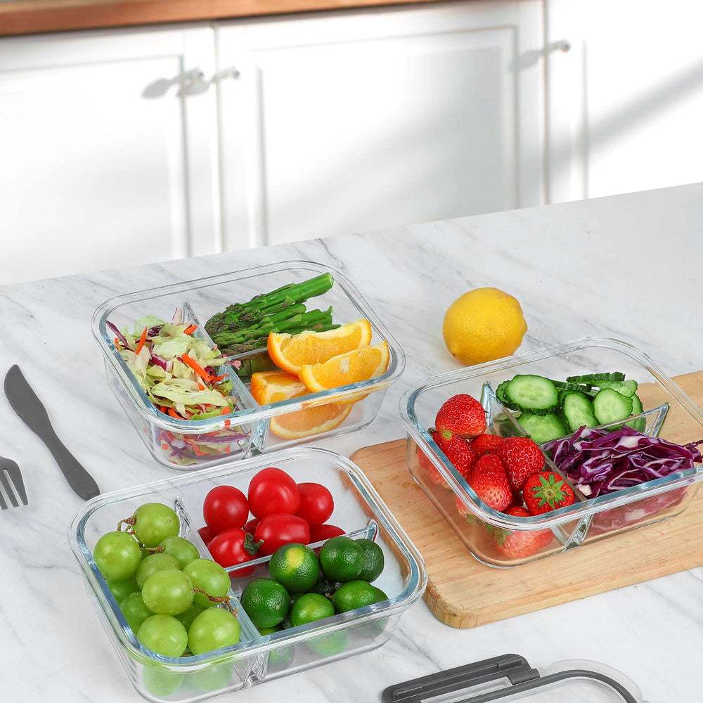 M MCIRCO stacked containers in refrigerator, shows space-saving organized storage