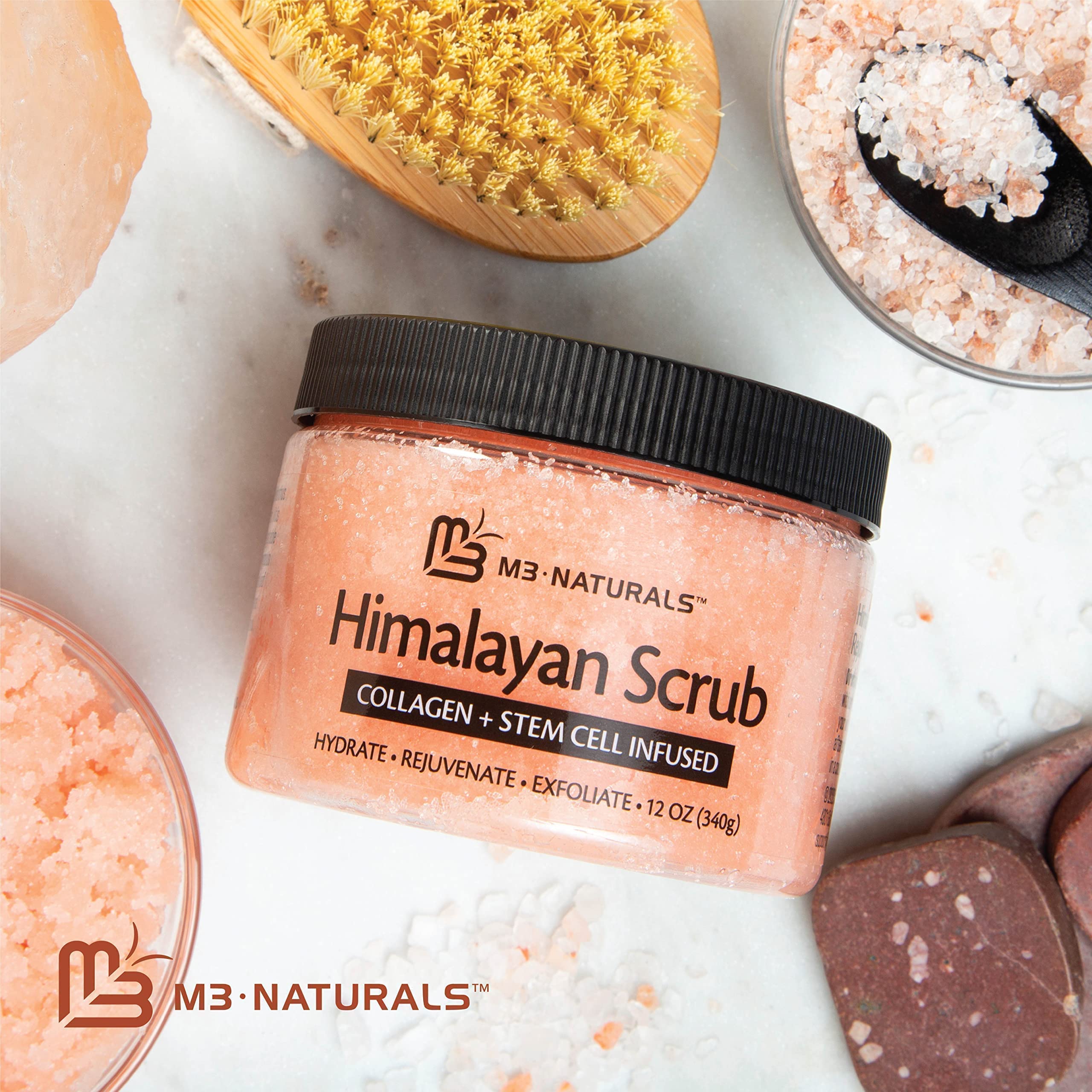 M3 Naturals scrub on bathroom shelf in spa setting for relaxing skin care ritual
