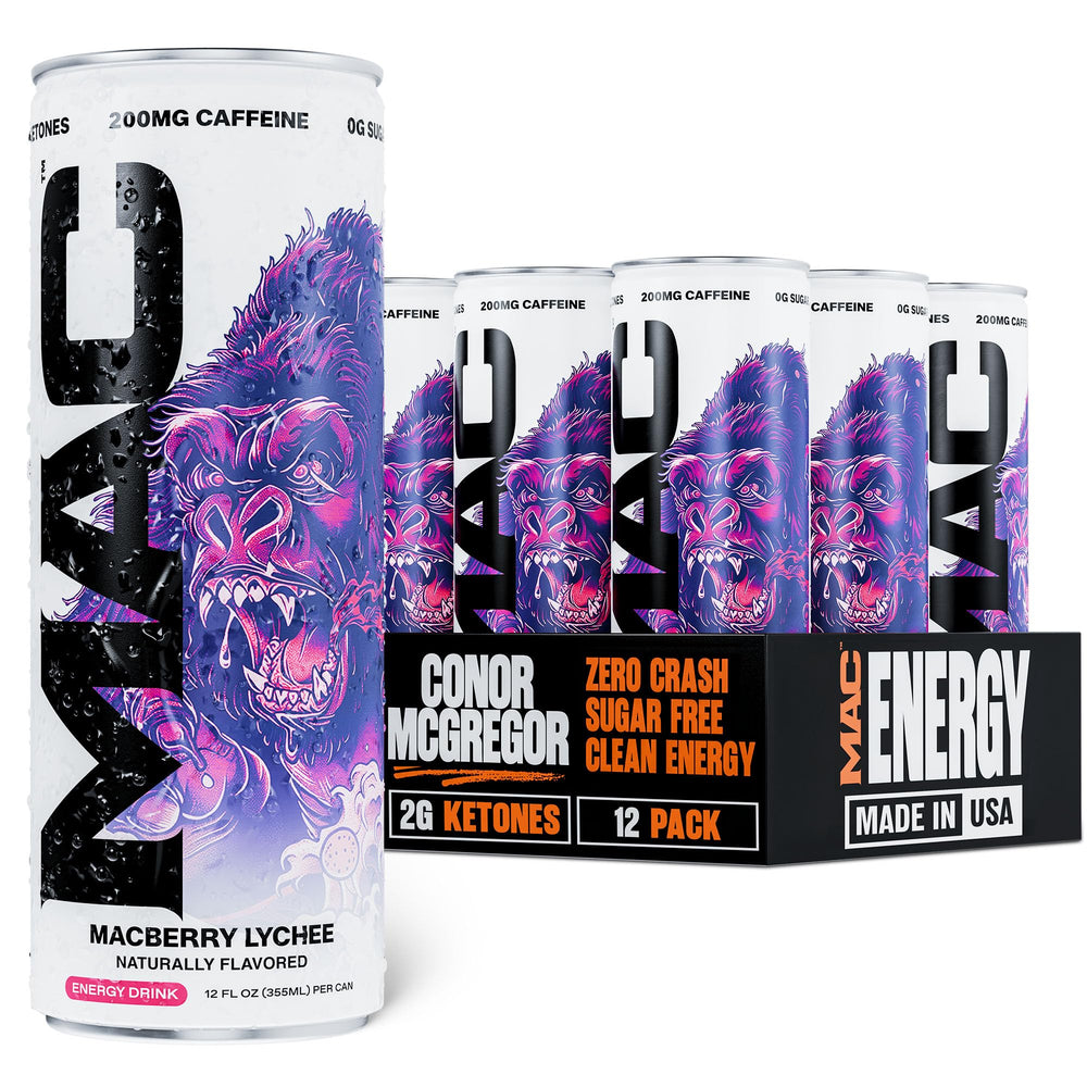 MAC Energy front can showing Macberry Lychee branding and bold flavor benefit
