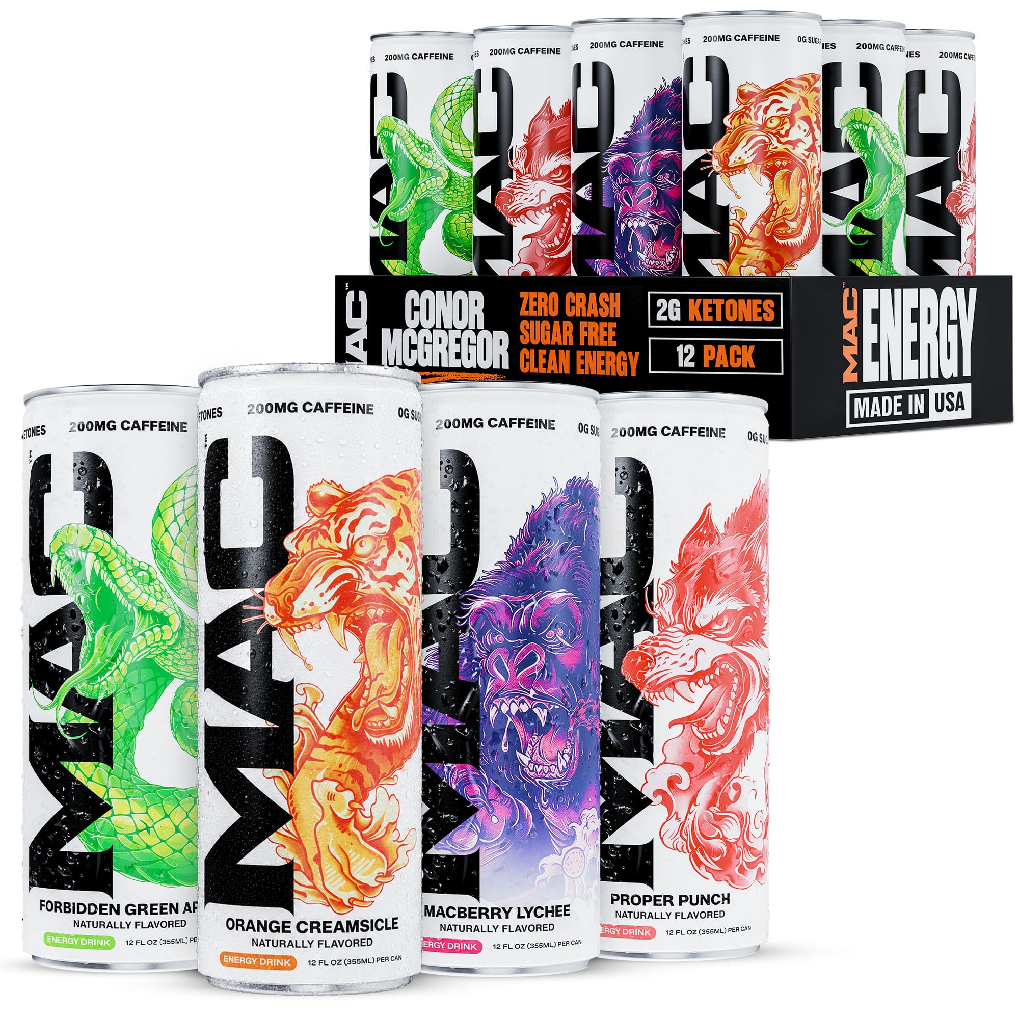 MAC Energy variety pack front view showing four flavors and box — convenient sharing