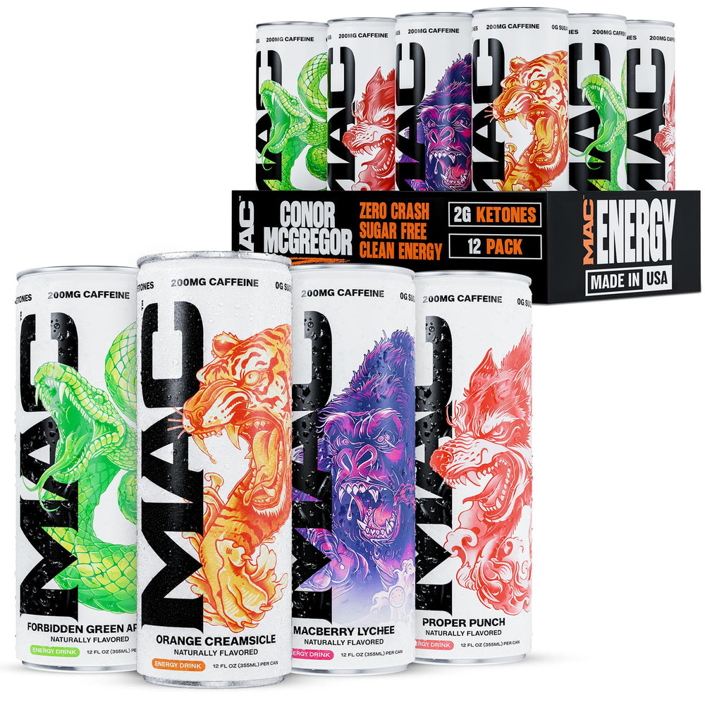 MAC Energy variety pack front view showing four flavors and box — convenient sharing