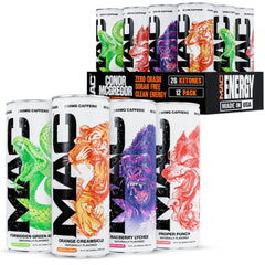 MAC Energy variety pack front view showing four flavors and box — convenient sharing