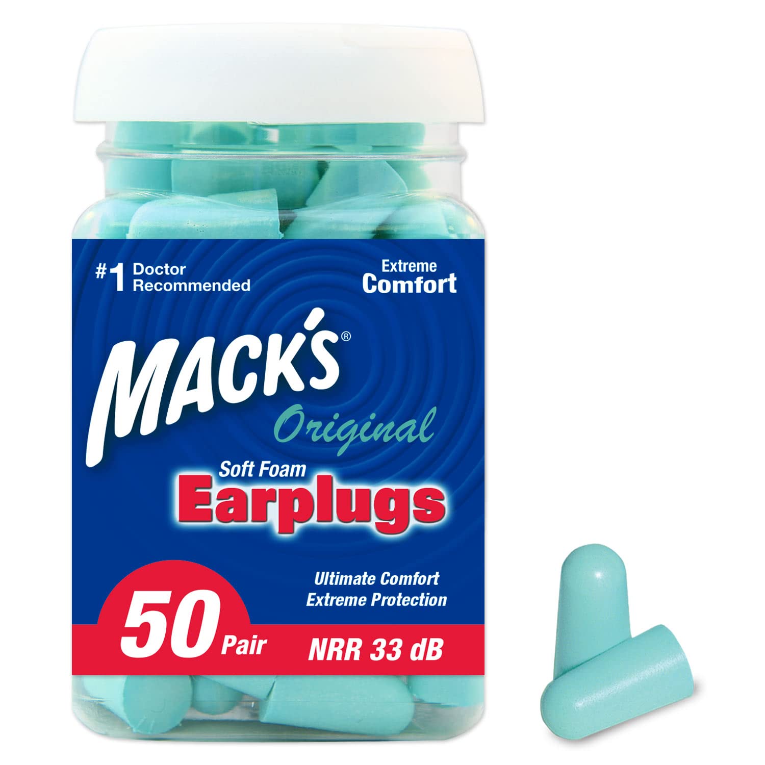 Mack's front packaging jar showing 50 pairs and flip-top for quick access and hygiene