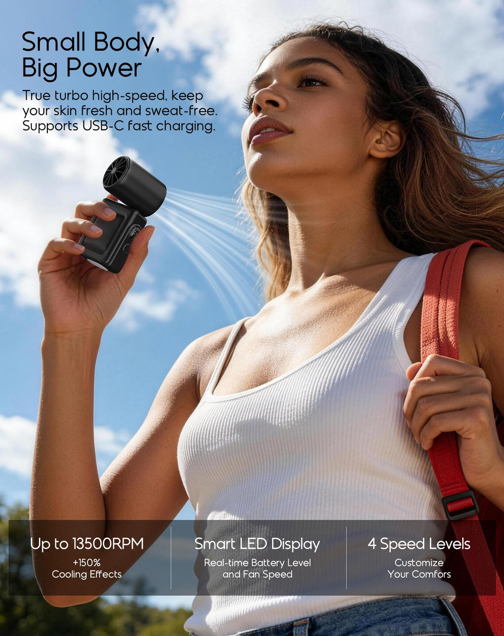 MACMORE handheld use on walk offering personal breeze during outdoor activities
