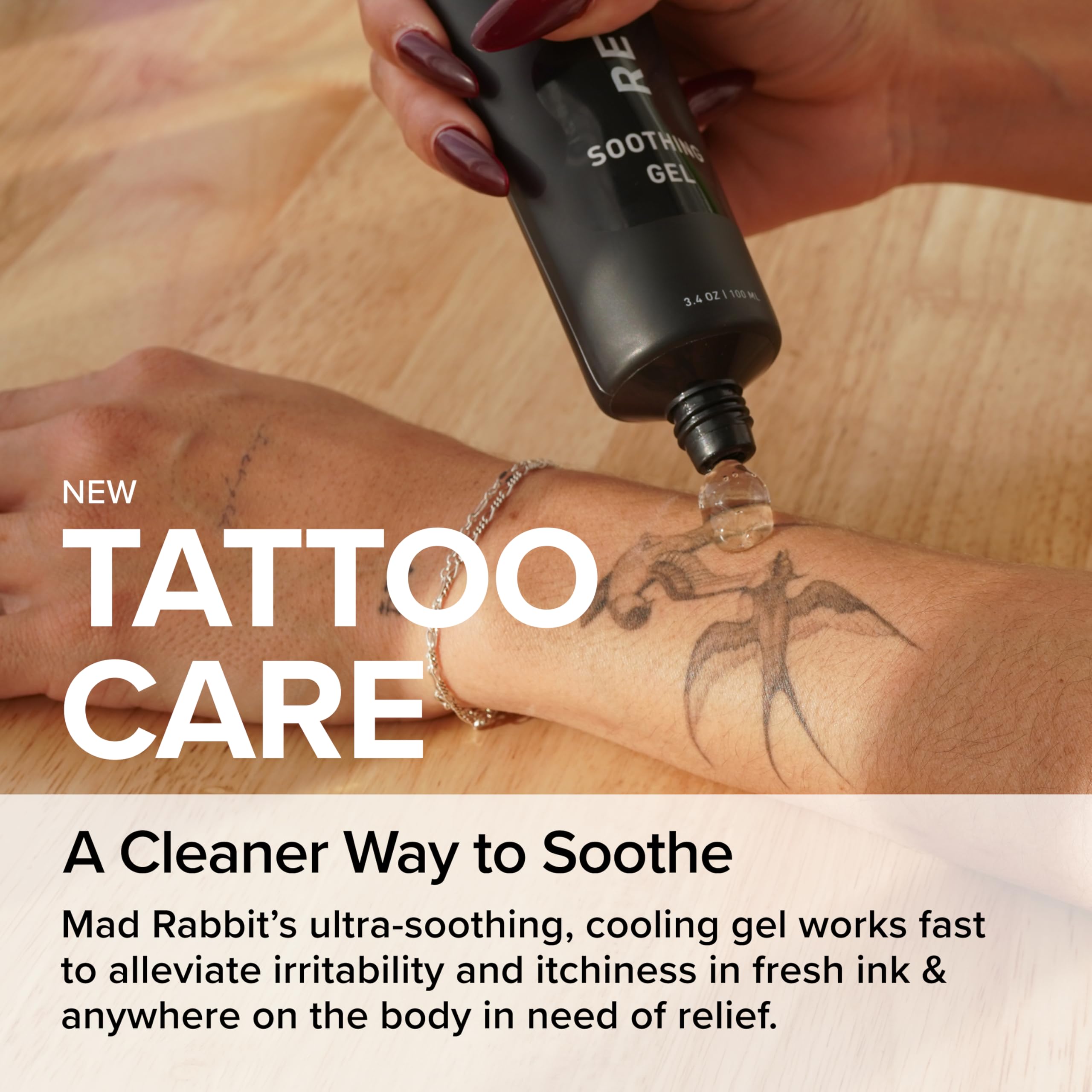 Mad Rabbit being applied to a fresh tattoo to soothe and reduce itch during healing