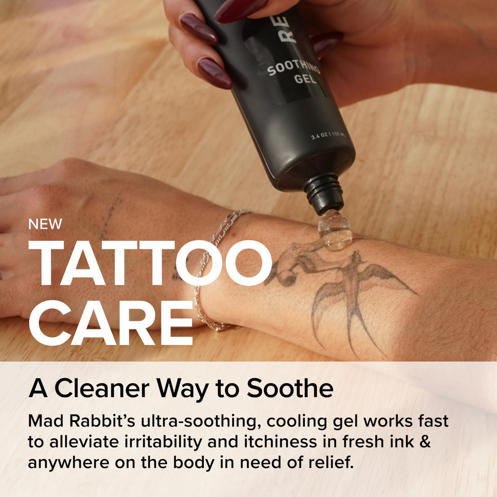Mad Rabbit being applied to a fresh tattoo to soothe and reduce itch during healing