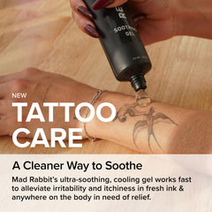 Mad Rabbit being applied to a fresh tattoo to soothe and reduce itch during healing