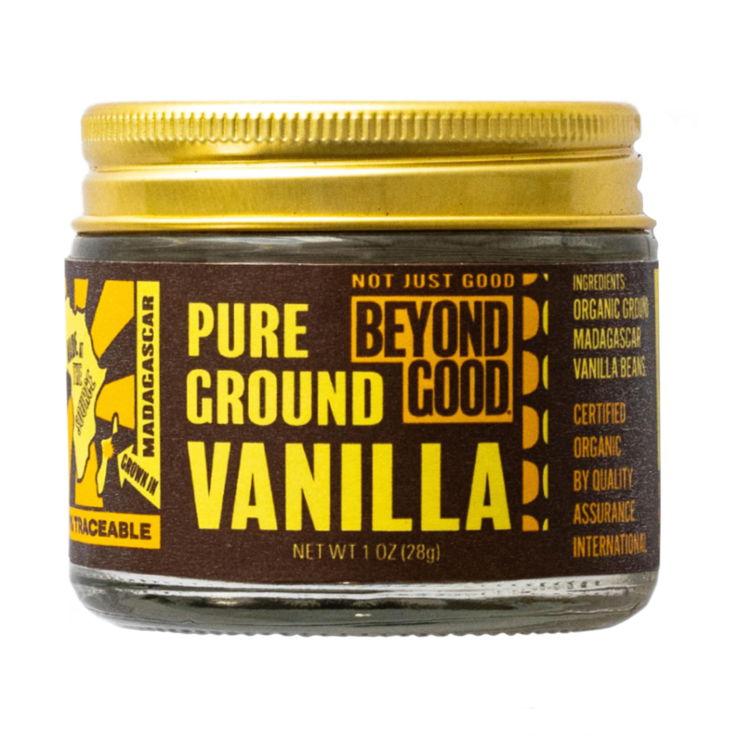 MADÉCASSE jar front view showing pure ground vanilla powder and label benefit