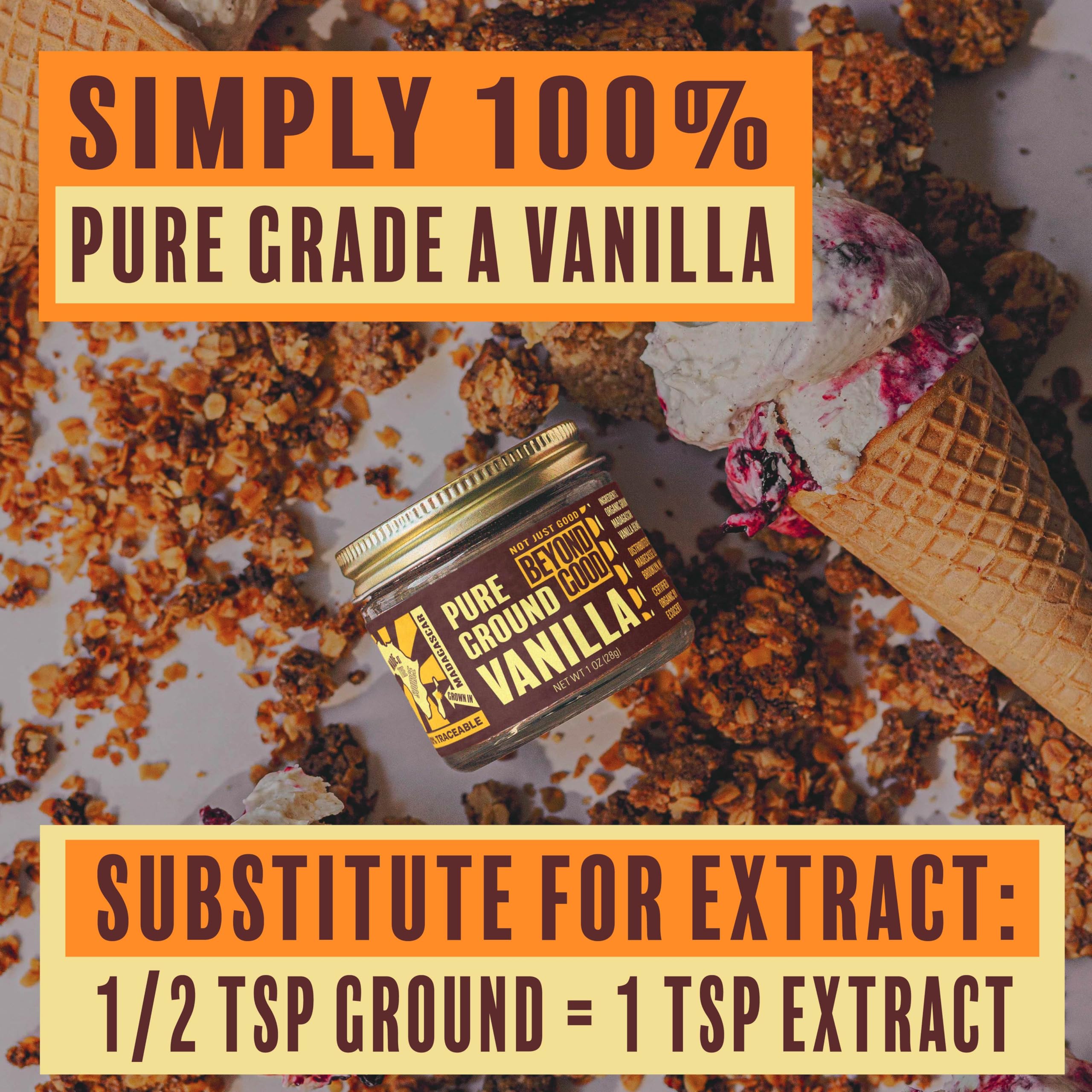 MADÉCASSE vanilla powder dusted on ice cream for enhanced flavor
