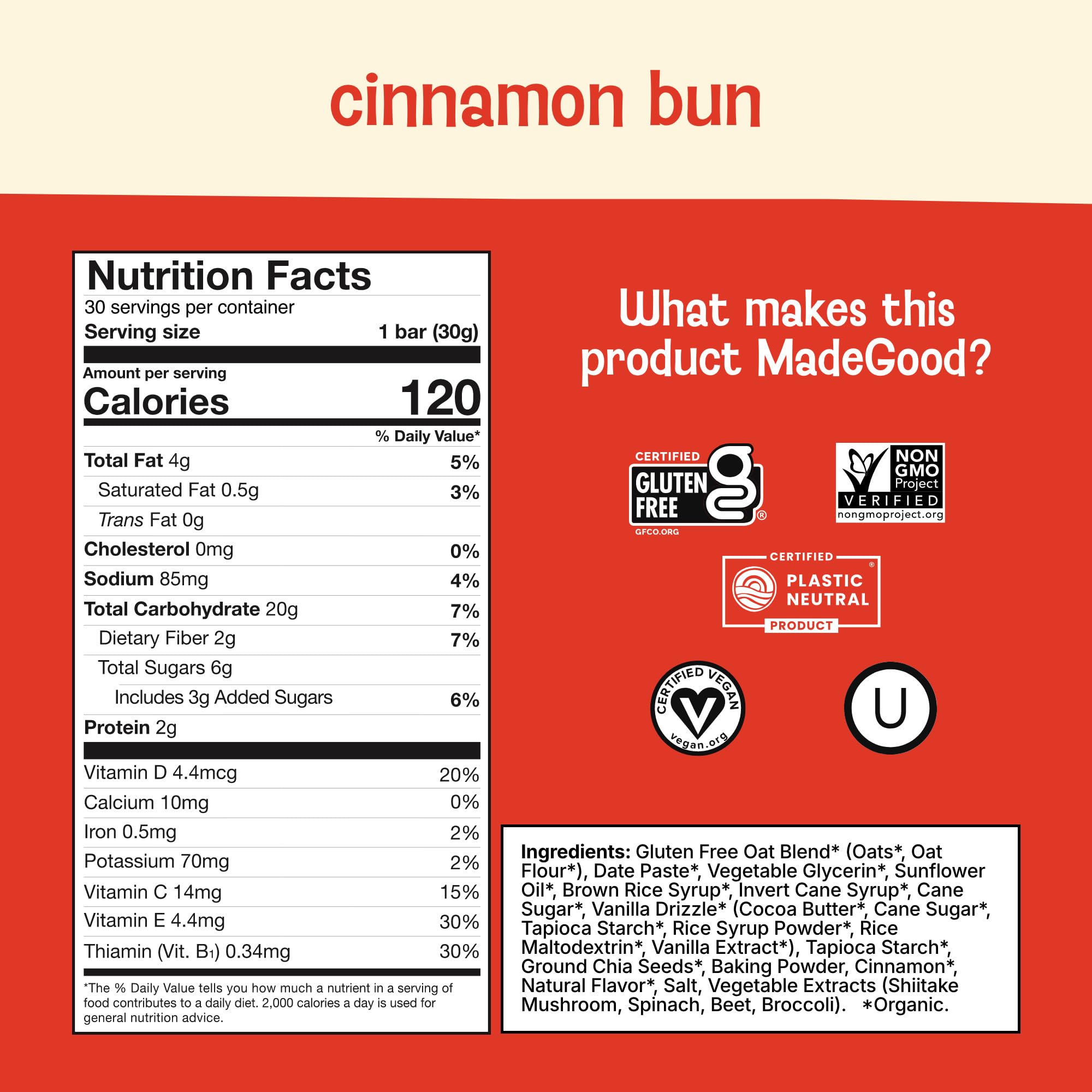 MadeGood individually wrapped cinnamon bun bar ready to grab
