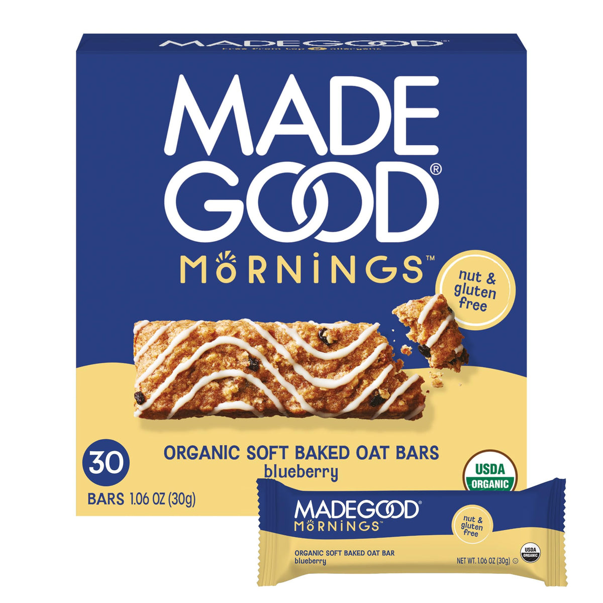MadeGood front packaging showing blueberry bars and bulk 30-pack convenience