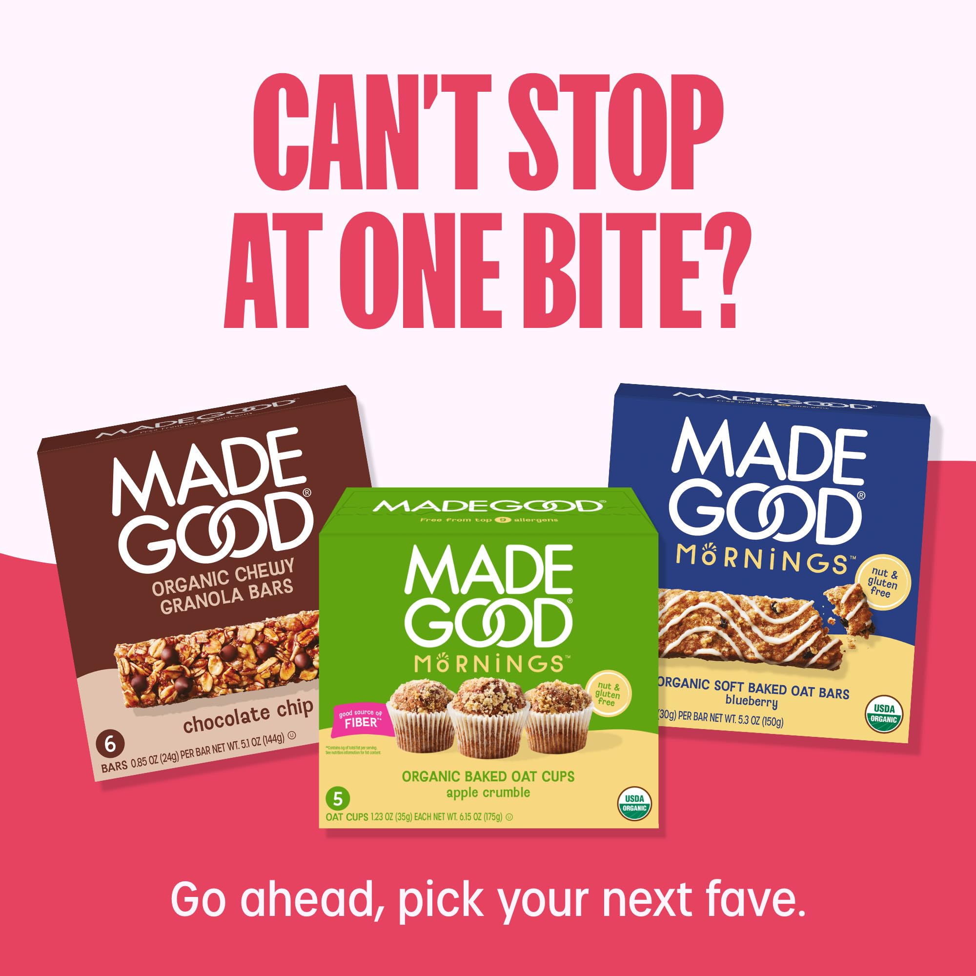 MadeGood beside a hand showing pouch scale for portion control and travel