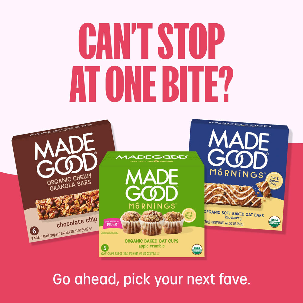 MadeGood beside a hand showing pouch scale for portion control and travel