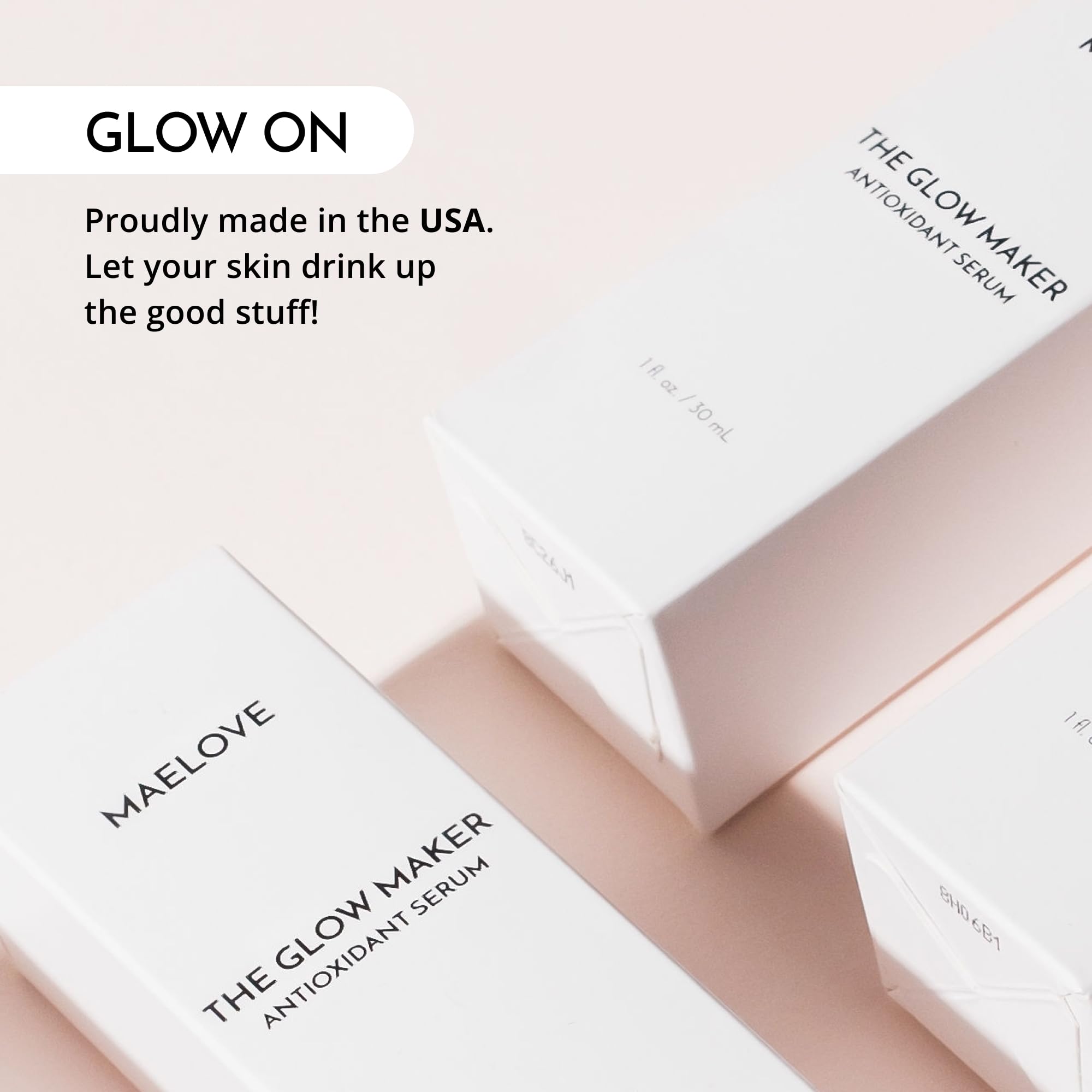 MAELOVE Glow Maker bottle on bathroom counter suggesting daily routine convenience benefit