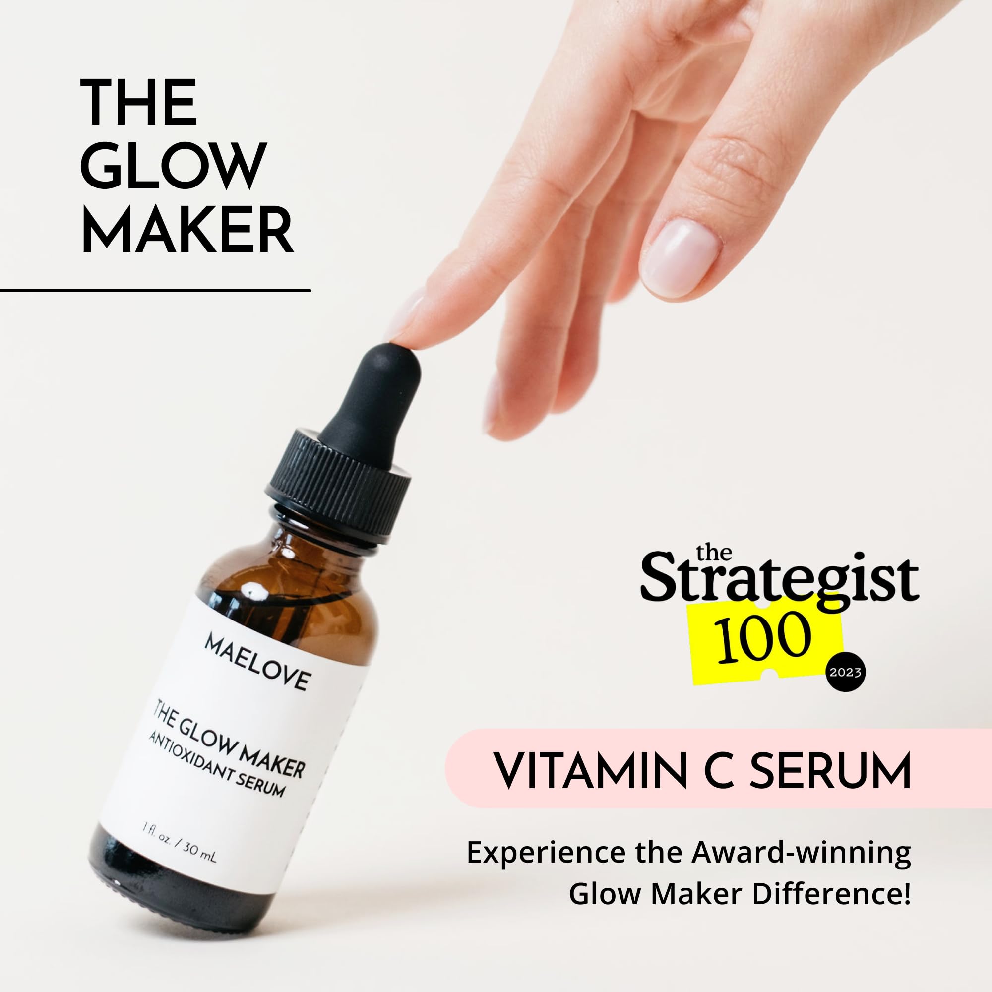 MAELOVE Glow Maker dropper dispensing serum illustrating precise application benefit