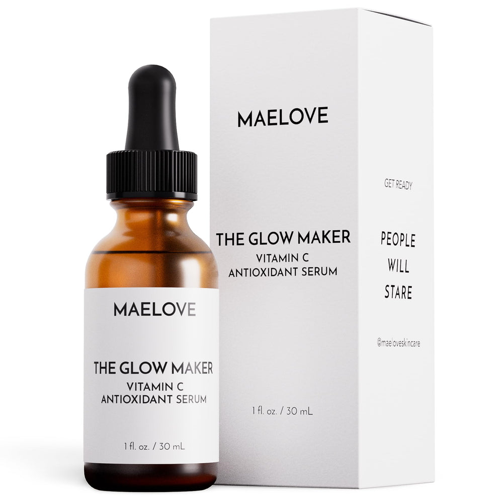 MAELOVE Glow Maker front bottle showing clean packaging and quick-absorb benefit