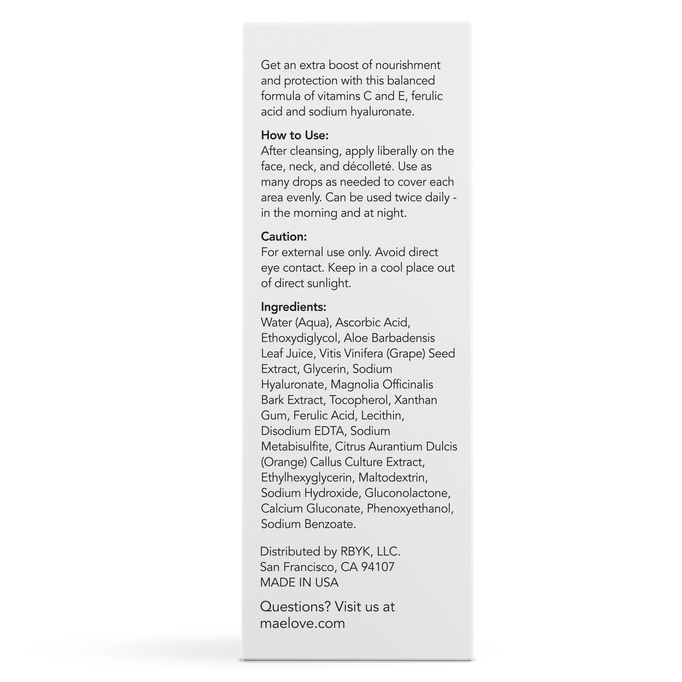 MAELOVE Glow Maker label closeup displaying ingredient list and science-backed benefit